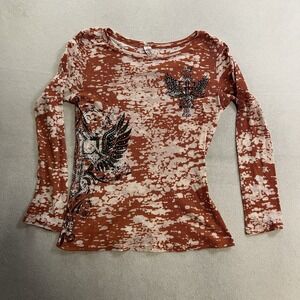 Vintage Otomix Shirt Top Women's Size Medium Cross Wings Rhinestones Thermal Y2K